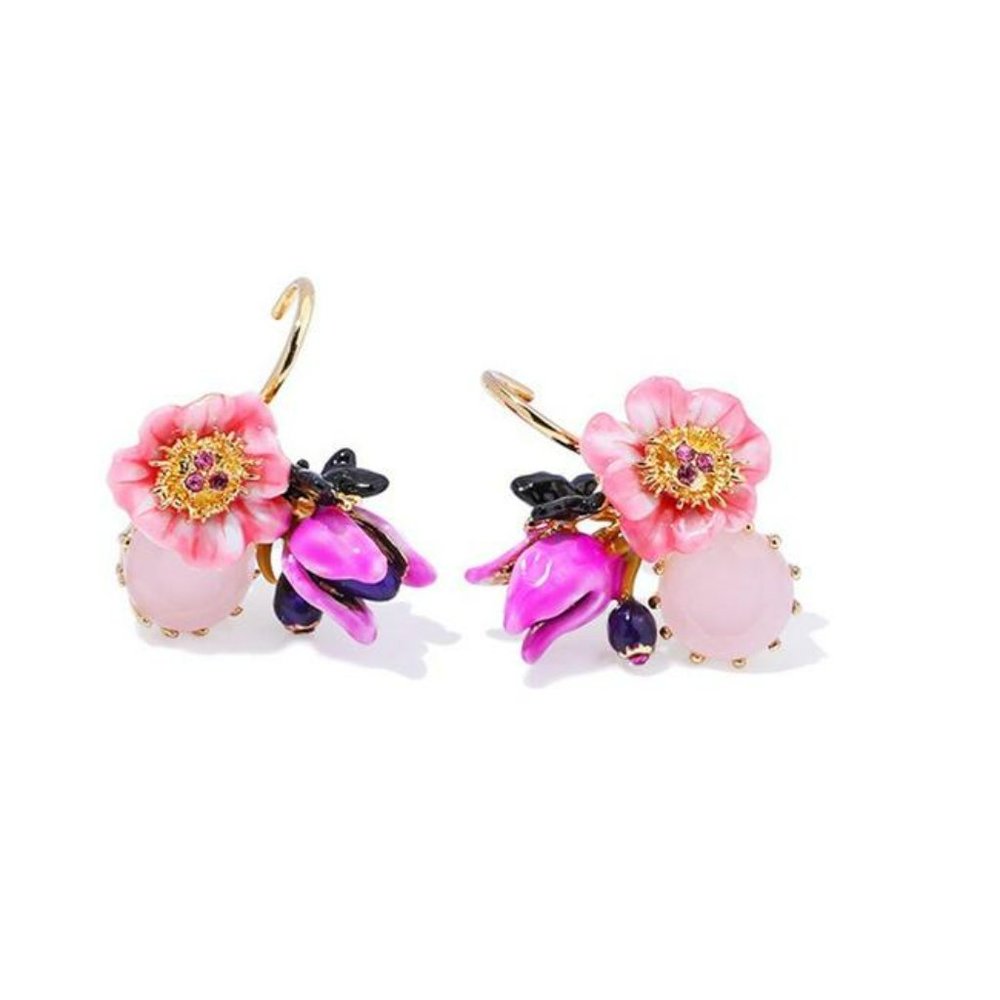 Les Nereides Winter Giverny Pink and Purple Flower Stone Leverback Earrings